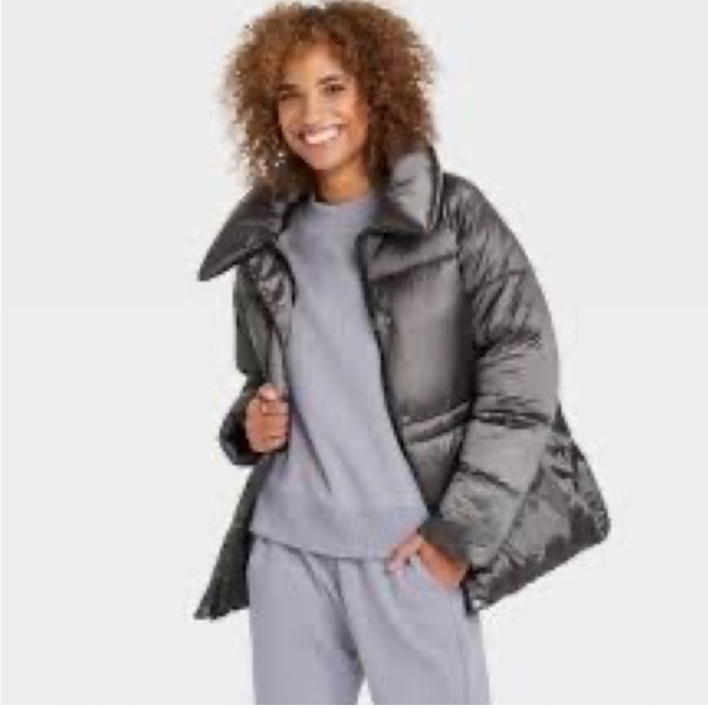A New Day Coat Puffer Gray water-resistant mid length drawstring waist size XL